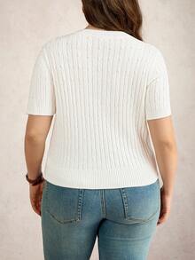 Comfylo Plus Size Women's White Cable Knit Top,Summer Casual Short Sleeve Round Neck Pullover,Knight Pattern Slim Fit Sweater For School & Back-To-School - White - View 2