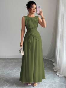 Elenzga Đầm maxi chiffon thanh lịch, lãng mạn, cổ điển dành cho nữ, thích hợp đi biển, tiệc trà chiều, dự tiệc, đi làm, không tay, cổ tròn, eo dây rút, lưng xếp ly, có lớp lót, mùa xuân/hè. - xanh quân đội - Xem 7