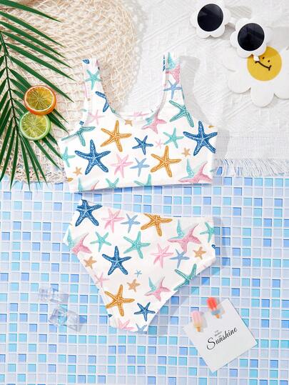 SHEIN Cream White, Colorful Ocean Shell & Starfish Print, Young Girls Casual Minimalist Camisole & Triangle Bikini Swimwear Set, Suitable For Swimming, Spa, Pool, Island Resort, Beach
