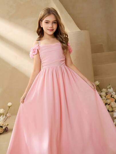 Girls' Chiffon Dress, Pink Floral Pattern, Beautiful & Refreshing, Children's Clothing For Summer