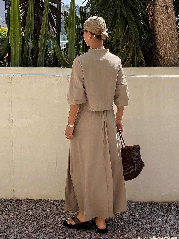 Women's Casual Solid Color Tie-Up Shirt And Mini Skirt 2-Piece Set, Spring/Summer