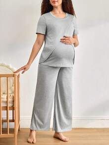 Moonlight&Mama 孕妇纯色圆领短袖上衣和裤子家居服 - 淺灰色 - 查看 4