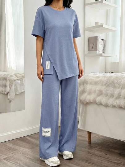 SHEIN Teen Girl Blue,Plain Adhesive Patch Round Neck Asymmetrical Hem Short Sleeve T-Shirt And Wide-Legged Loose Pants Sports Street Fashion Suit
