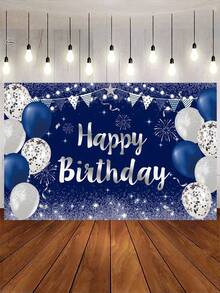1 2D 闪亮生日快乐横幅 - 70.9 英寸 x 43.3 英寸，银色和海军蓝派对背景，适合男女庆祝活动。 - 多色 - 查看 2