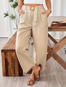 SHEIN Holidaya 女士休闲亚麻质感收腰直筒裤，春夏款 - 卡其色 - 查看 5