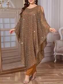 SHEIN Clasi 大码女式纯色圆领露肩蝙蝠袖亮片优雅时尚连衣裙 - 金色 - 查看 1