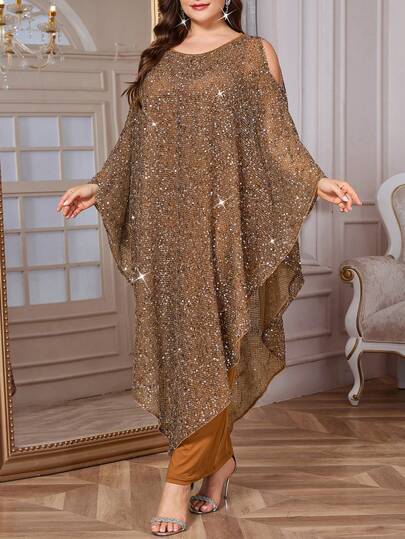 SHEIN Clasi Vestido elegante de moda con escote redondo, hombros descubiertos, mangas tipo murciélago y lentejuelas para mujer de talla grande