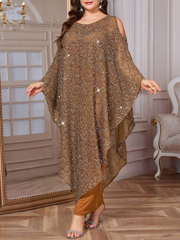 SHEIN Clasi Vestido elegante de moda con escote redondo, hombros descubiertos, mangas tipo murciélago y lentejuelas para mujer de talla grande