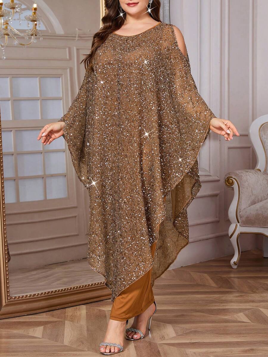 SHEIN Clasi 大码女式纯色圆领露肩蝙蝠袖亮片优雅时尚连衣裙 - 金色 - 查看 1