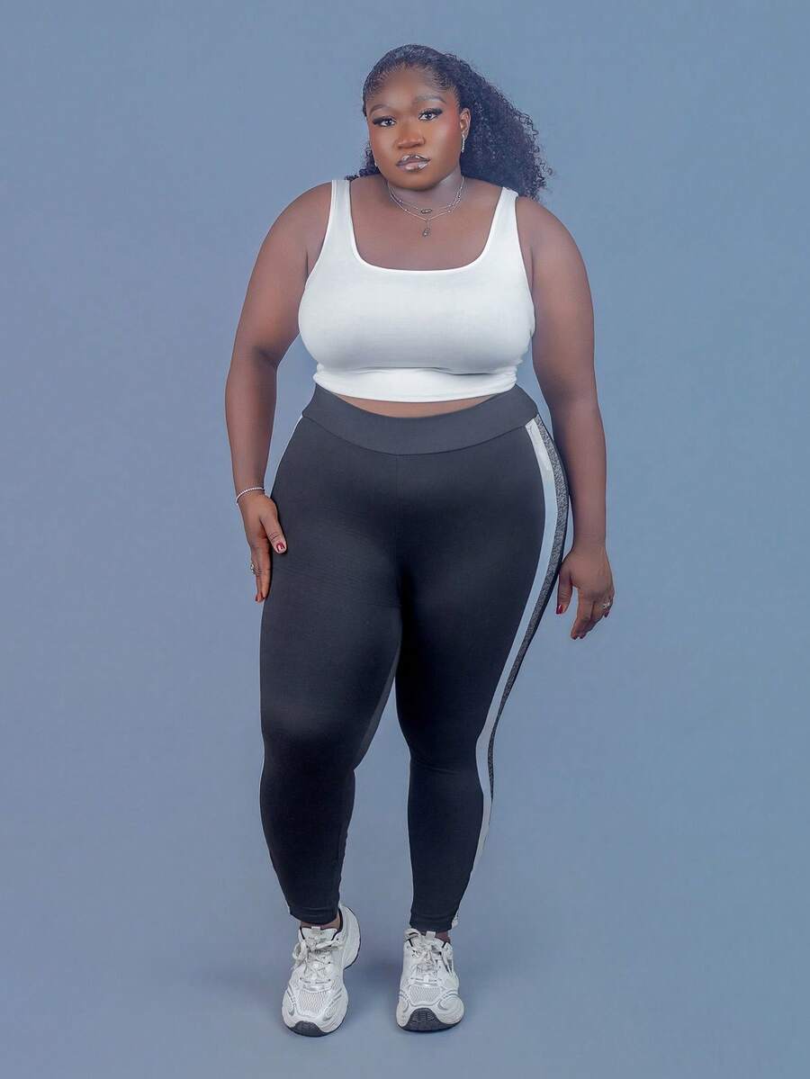 CurvyTilda 高腰侧条纹紧身裤 - 黑色 - 查看 1