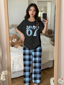 少女67号数字蝴蝶结印花黑色圆领短袖上衣配格子裤两件套 - 彩色 - 查看 1