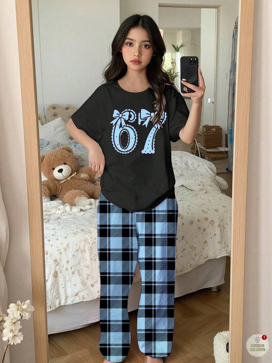 少女67号数字蝴蝶结印花黑色圆领短袖上衣配格子裤两件套 - 彩色 - 查看 1