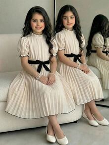 SHEIN 女童优雅杏色撞色荷叶边领荷叶边袖系带泡泡袖褶皱连衣裙 - 杏色 - 查看 2