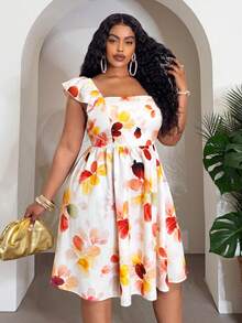 Veslaya White Summer Elegant Bachelorette Party Vacation Plus Size Women's Floral Square Neck Flare Sleeve A-Line Mini Dress,Wedding Guest Beach Short Dress - Multicolor - View 4