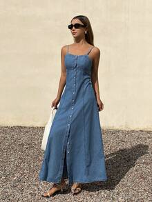 DAZY 女士无袖收腰长款休闲牛仔连衣裙 - 中等水洗藍 - 查看 3