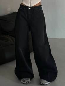 Dazy Tall Jeans rectos y relajados para mujer alta, estilo casual de ciudad - Negro - Ver 9