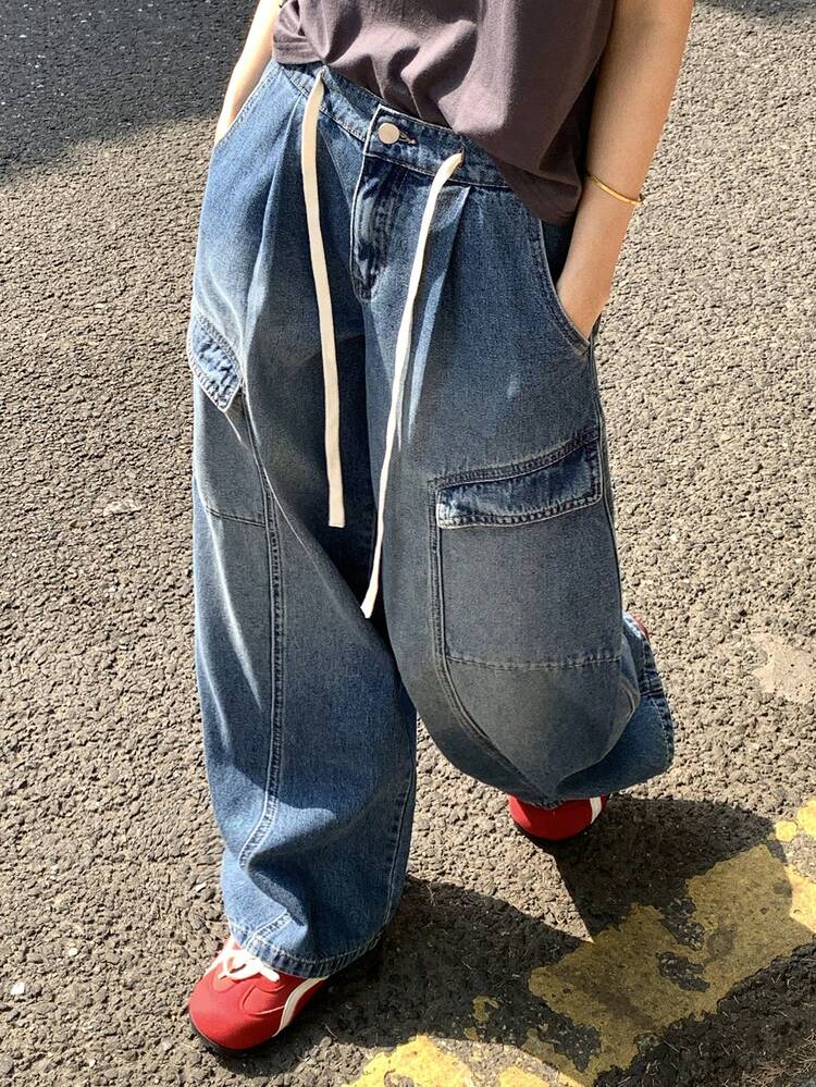 Women's Drawstring Waist Loose Straight Leg Cargo Pants With Large Pockets, Casual City Street Style Jeans