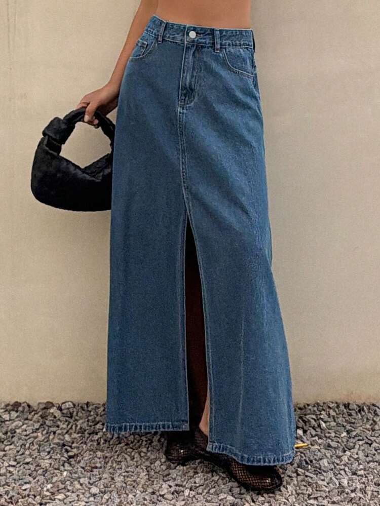 Women's Regular Waist Slit Maxi Casual Denim Skirt