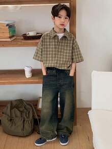 DAZY Áo sơ mi ngắn tay kẻ caro dáng casual cho bé trai tuổi teen, mùa hè. - Màu Khaki - Xem 8