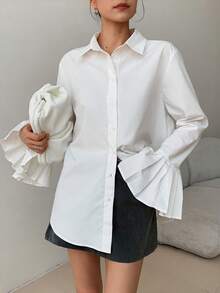 EastFlair Camisa blanca con puños con volantes al estilo coreano para mujer - Blanco - Ver 4