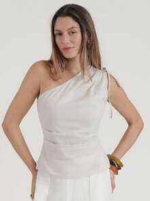 CielaLinda Áo sơ mi nữ màu mơ bằng vải lanh, kiểu dáng bất đối xứng vai, thích hợp mặc hàng ngày đi làm. - Màu be - Xem 7