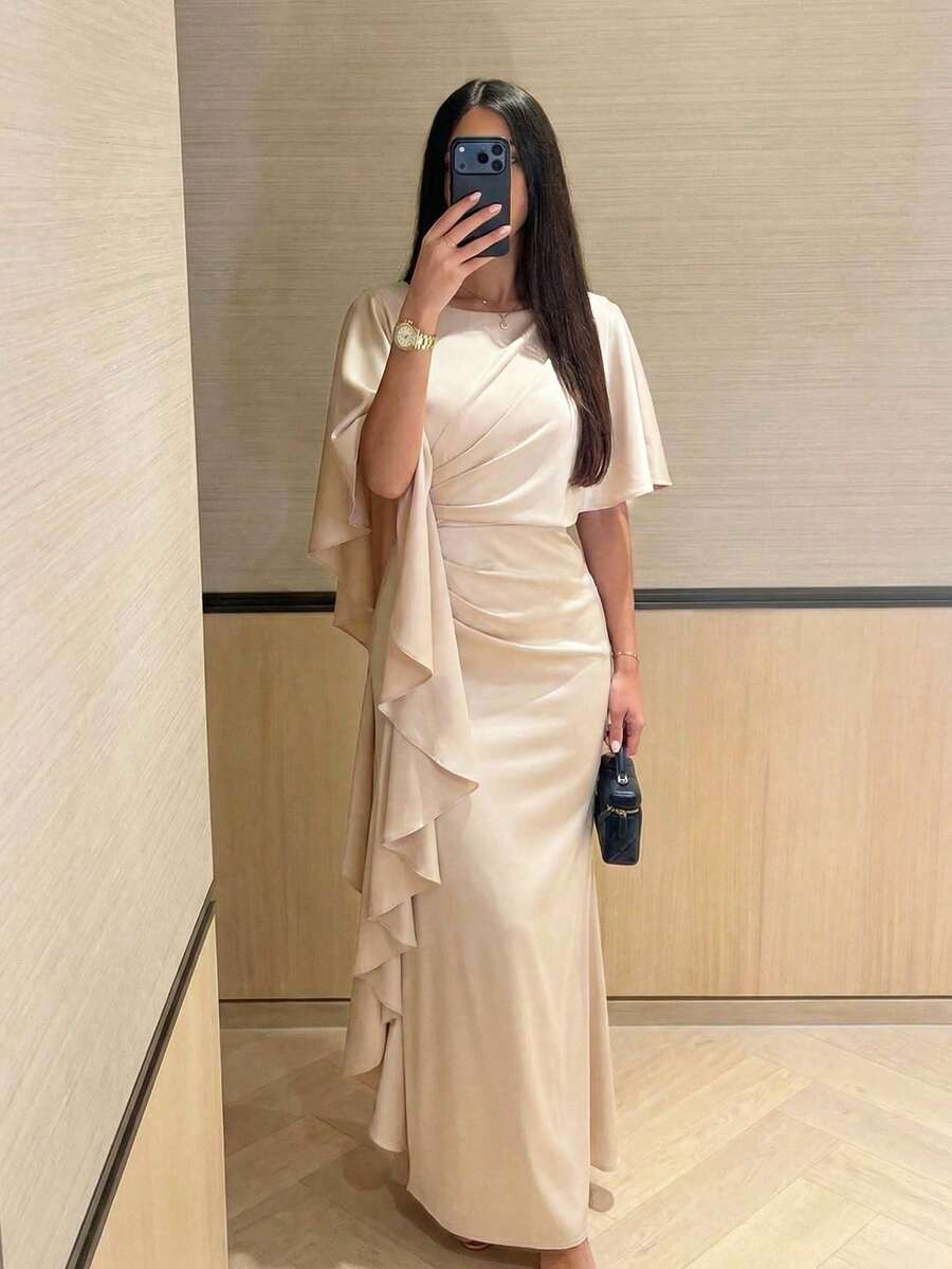 Lumalex 女士优雅性感杏色飘逸荷叶边开衩无袖修身喇叭连衣裙，春夏款
