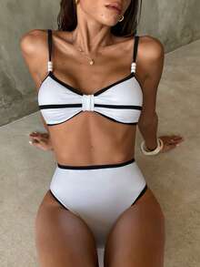 SHEIN Luminelle Summer Vacation Casual White Bikini,Elegant And Simple Women's Beachwear,Beach Vacation Outfits For Women - Black and White - View 3