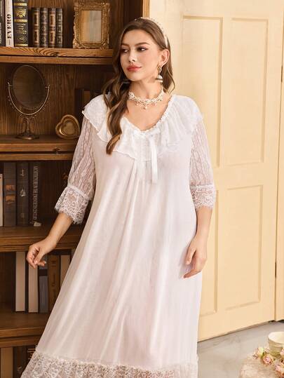 SHEIN Palace Style Lace & Mesh Patchwork Long Loose Plus Size Nightgown