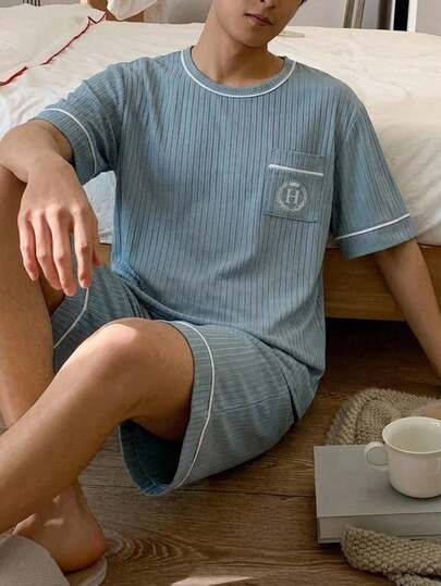 两件套青少年时尚罗纹柔软舒适休闲短袖家居服套装