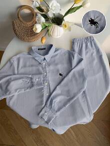Comfortcana 女款新款條紋刺繡寬鬆襯衫與長褲套裝 寬腿褲兩件套 藍色 夏季穿搭套裝 - 藏蓝色 - 查看 4