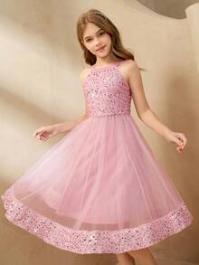 花童网纱拼接串珠露背蓬蓬公主裙，短款，适合婚礼、生日派对、宴会等各种场合，四季皆宜。 - 粉色 - 查看 6