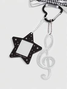 ROMWE 1 Pc Y2K Style Musical Note And Star Keychain, Subculture Musical Note Bag Charm,Anime Style Grid Bowknot Pendant, Suitable For Back To Teenagers And Student Keychain Accessories. - White Black - View 7