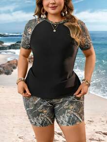 Swim Lushoire 大码女式两件套随机印花无袖短裤比基尼套装，适合运动、冲浪、海滩度假 - 彩色 - 查看 7