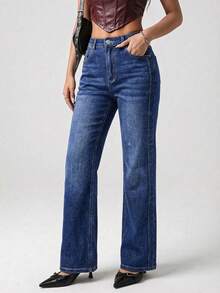 SHEIN ICON Damen Lässig Loose Straight Leg Jeans mit Taschen - Blau - Übersicht 4