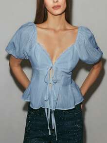 ATUI Studio Áo kiểu nữ tay ngắn màu trơn, viền ren, thắt nơ phía trước, thích hợp cho mùa hè. - Màu xanh nhạt - Xem 4