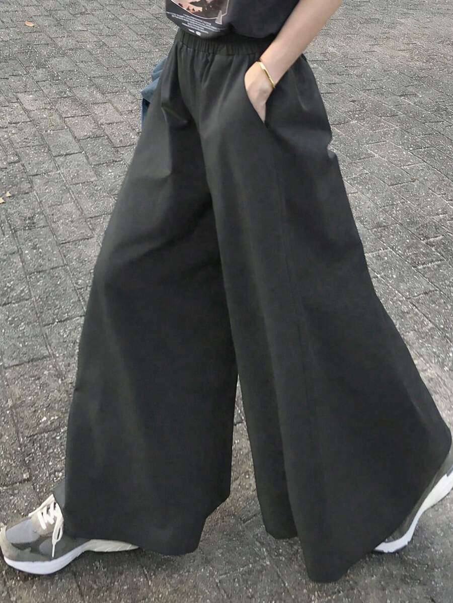 FRIFUL Quần ống rộng màu trơn dành cho nữ, thích hợp mặc đi làm, mùa hè. - Màu xám đen - Xem 1