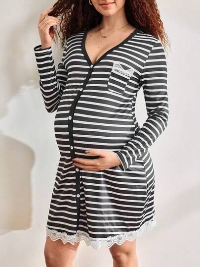 Moonlight&Mama Pregnant Women's Spring/Summer Striped Front Button Lace Trim Nightgown