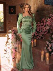 Glamrae Plus Size Elegant Luxurious Handmade 3D Rhinestone Asymmetric Long Sleeve Ruched Waist Fishtail Maxi Dress, Suitable For Dates, Vacations, Weddings, Formal Events, Gala Long Sleeve Prom Dress - Green - View 5