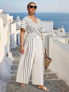 EMERY ROSE Plus Size Striped Criss-Cross V-Neck Short Sleeve Jumpsuit - Apricot - View 5