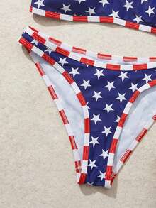 Swim Mod 2pcs/Set Women's Fashionable Cute Sexy Beach Outfit, Blue Base White Star Red Trim Crop Top And Triangle Bikini Swimwear, Suitable For Beach, Pool - Multicolor - View 5