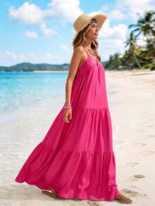 Sylviya Women's V-Neck Sleeveless Maxi Beach Dress For Vacation - Hot Pink - View 6