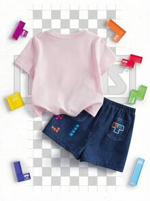 Tetris™ X SHEIN 女婴彩色键盘印花T恤和短裤套装 - 彩色 - 查看 2
