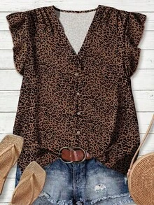 Rusticease 休闲简约棕色豹纹图案女式衬衫，简约风格适合夏季 - 彩色 - 查看 3