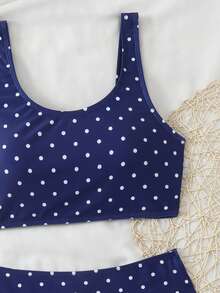 SHEIN 少女海军蓝白波点比基尼套装，夏季海滩度假 - 寶藍色 - 查看 5