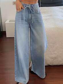 DAZY Celana Jeans Wanita Regular Pinggang Sedang Dekoratif Kasual Potongan Lurus Y2k - Light Wash - View 4