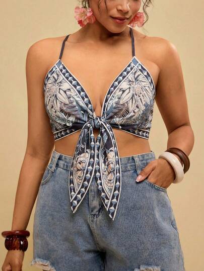 Travachic Plus Size Women Floral Print Twist Design Ruched Camisole Top, Suitable For Dates And Outings