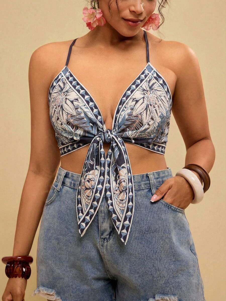 Travachic Áo hai dây cỡ lớn dành cho nữ, in họa tiết hoa, thiết kế xoắn, xếp ly, thích hợp cho các buổi hẹn hò và đi chơi. - Nhiều màu - Xem 1