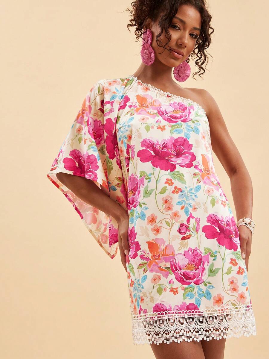 SHEIN TRVLCHIC 女士斜肩印花优雅迷你连衣裙 - 彩色 - 查看 1