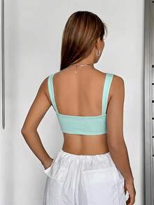 SHEIN EZwear Mint Green Tight Solid Color Cropped Camisole, Spring/Summer,Summer Top - Mint Green - View 2