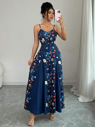 SHEIN PETITE Vestido largo ajustado con estampado floral de patchwork y cuello en V casual para mujer